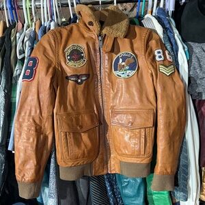 Wilson Tan Leather Bomber Jacket with Patches
